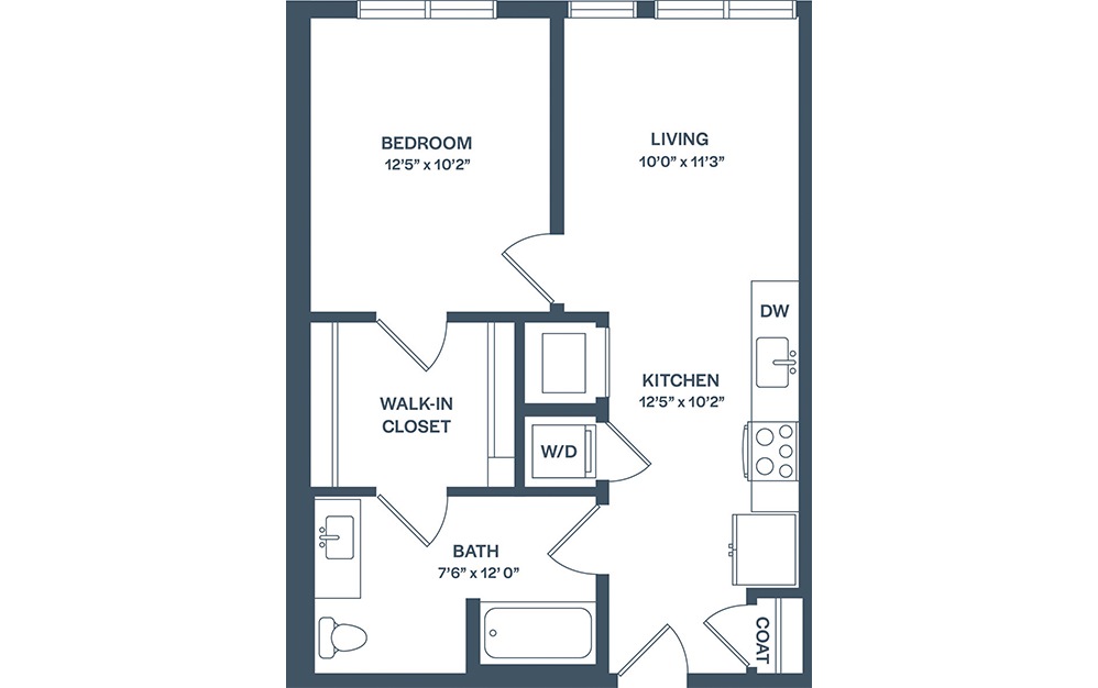 A1 - 1 bedroom floorplan layout with 1 bath and 630 square feet. (2D)