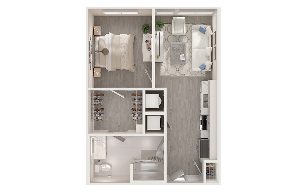 A1 - 1 bedroom floorplan layout with 1 bath and 630 square feet. (3D)
