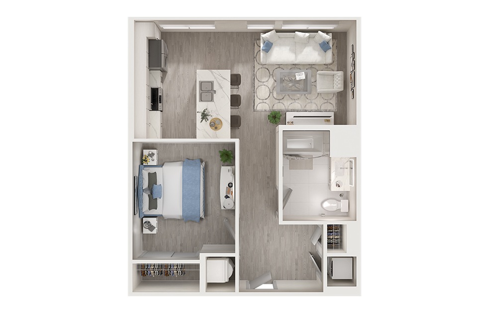A2 - 1 bedroom floorplan layout with 1 bath and 694 to 741 square feet. (3D)