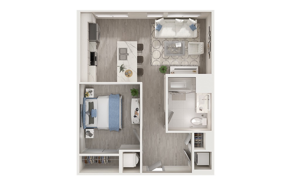 A2 - 1 bedroom floorplan layout with 1 bathroom and 694 - 741 square feet (3D)