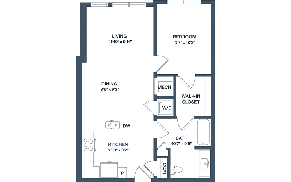 A3 - 1 bedroom floorplan layout with 1 bath and 808 square feet. (2D)