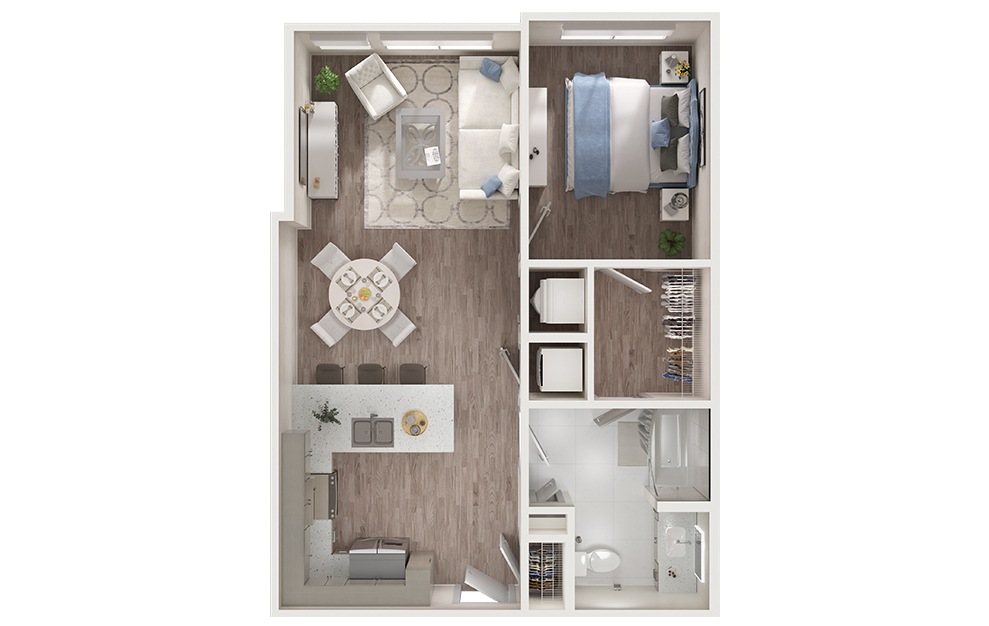 A3 - 1 bedroom floorplan layout with 1 bath and 808 square feet. (3D)