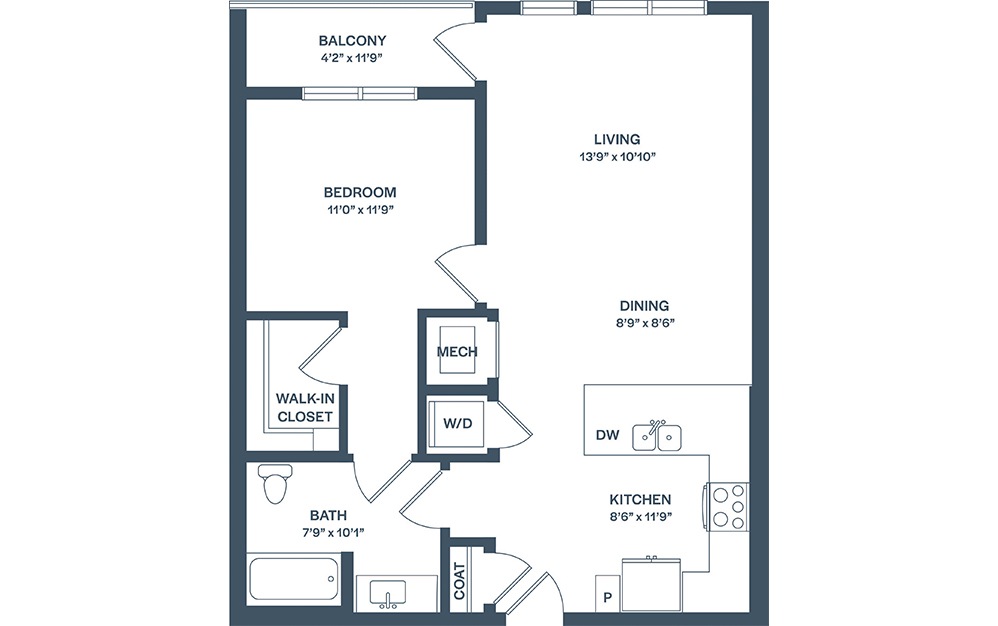 A4 - 1 bedroom floorplan layout with 1 bath and 808 to 817 square feet. (2D)