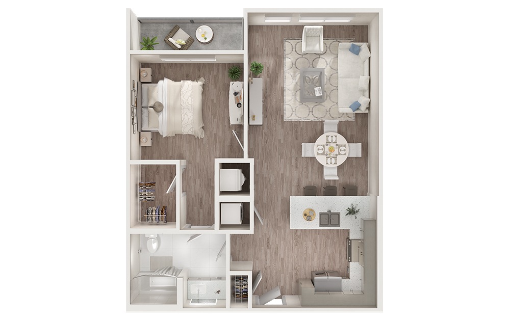 A4 - 1 bedroom floorplan layout with 1 bathroom and 808 - 817 square feet (3D)