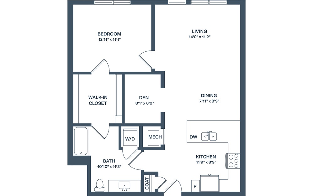 A7D - 1 bedroom floorplan layout with 1 bath and 889 square feet. (2D)