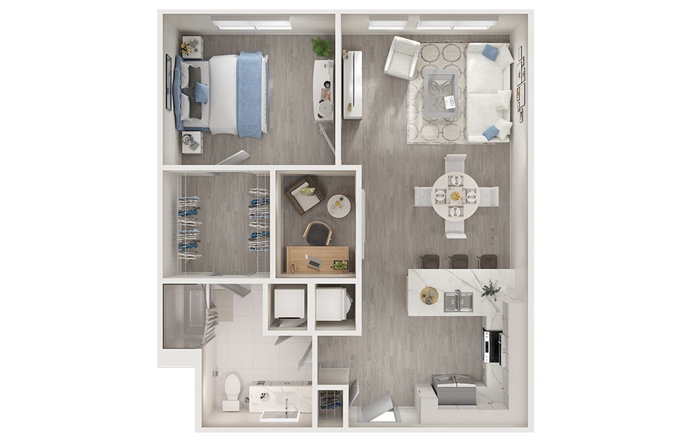 A7D - 1 bedroom floorplan layout with 1 bath and 889 square feet. (3D)
