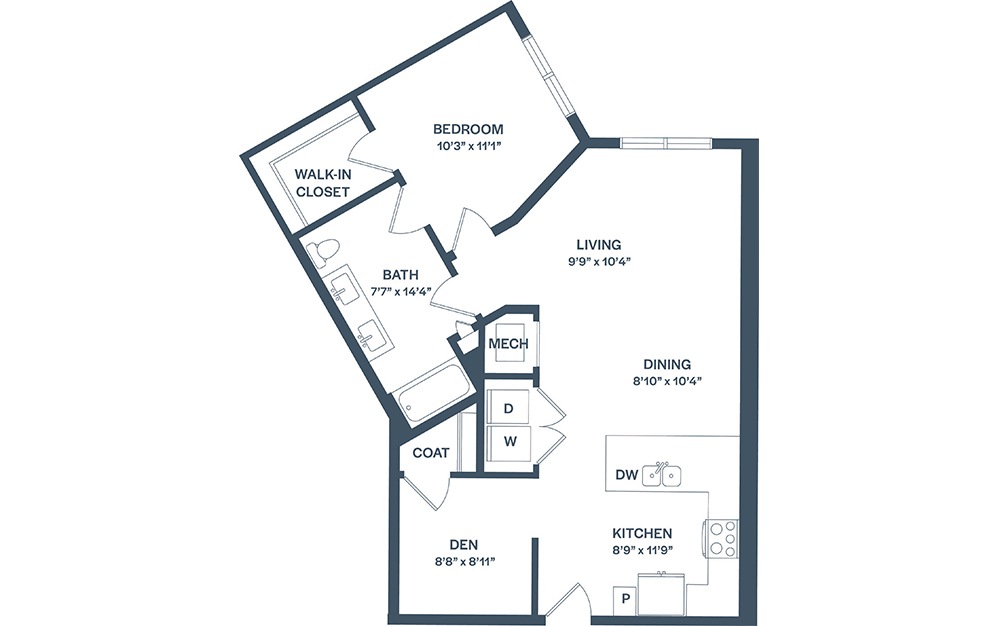 A8D - 1 bedroom floorplan layout with 1 bath and 909 square feet. (2D)