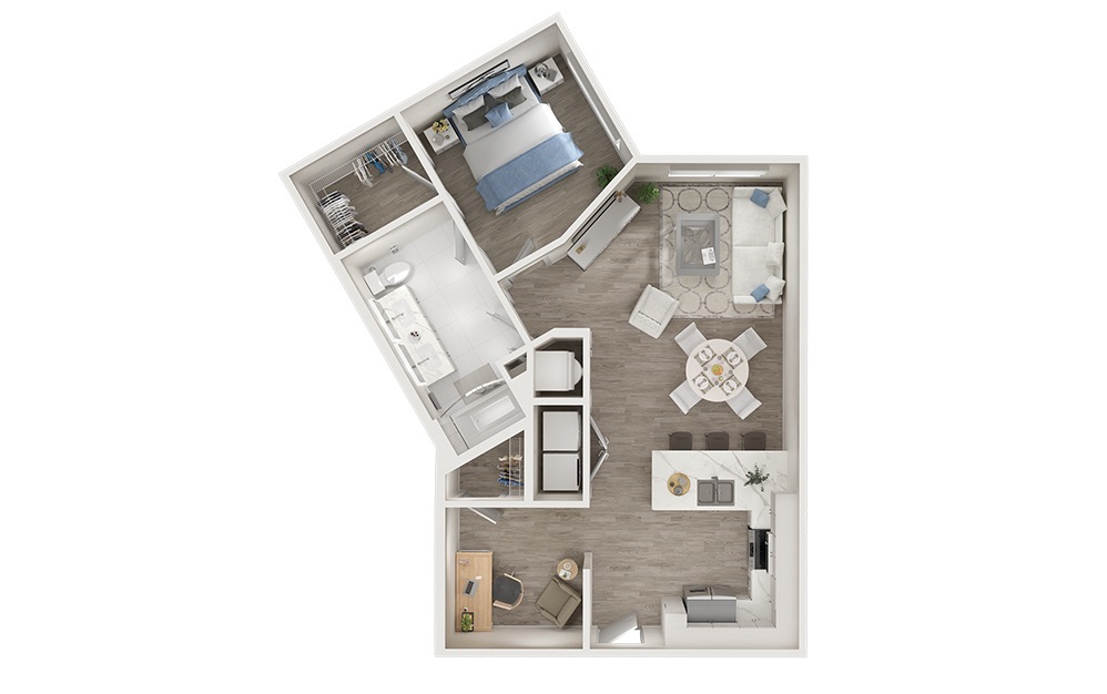 A8D - 1 bedroom floorplan layout with 1 bathroom and 909 square feet (3D)