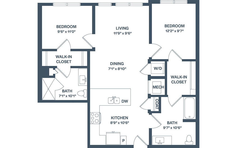 B1 - 2 bedroom floorplan layout with 2 baths and 981 square feet. (2D)