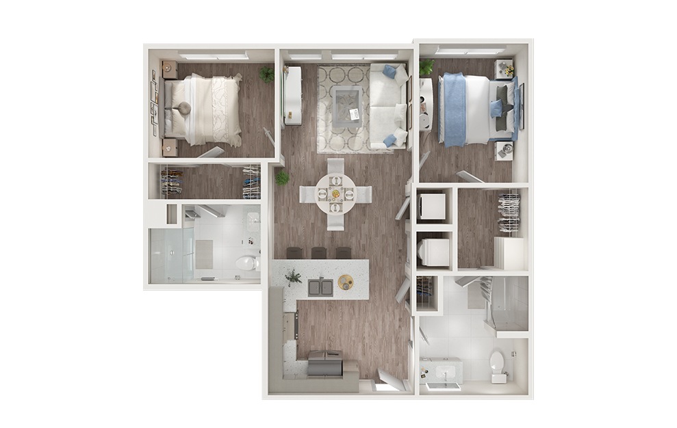 B1 - 2 bedroom floorplan layout with 2 baths and 981 square feet. (3D)