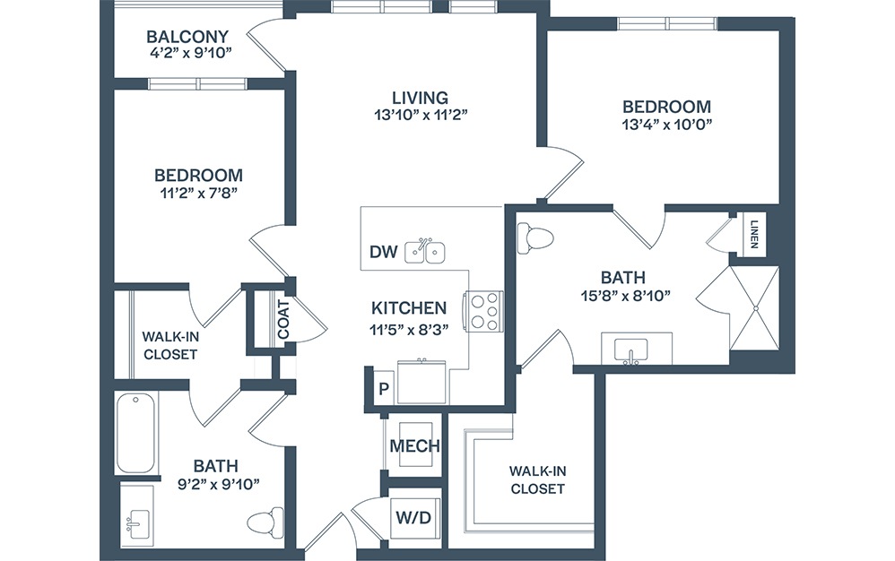 B2 - 2 bedroom floorplan layout with 2 baths and 1023 to 1081 square feet. (2D)