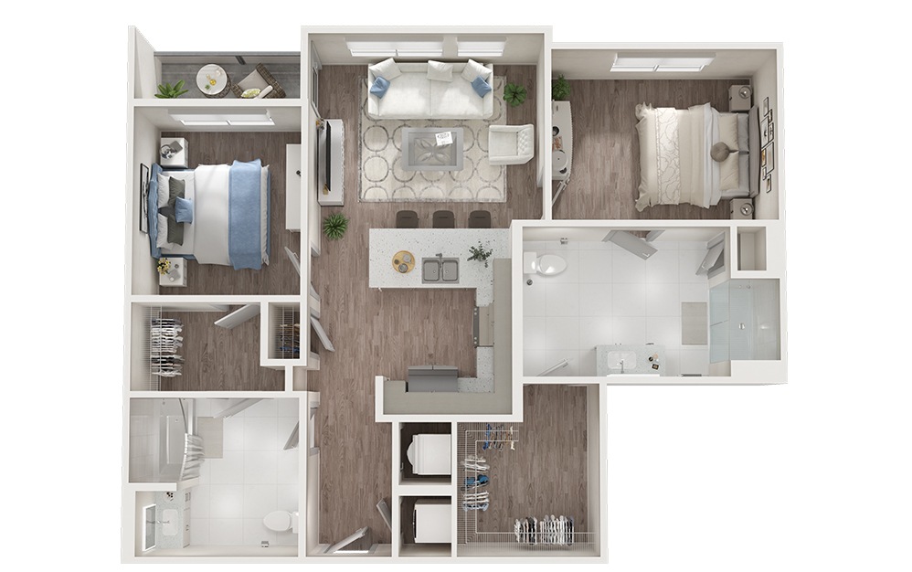 B2 - 2 bedroom floorplan layout with 2 bathrooms and 1023 - 1081 square feet (3D)