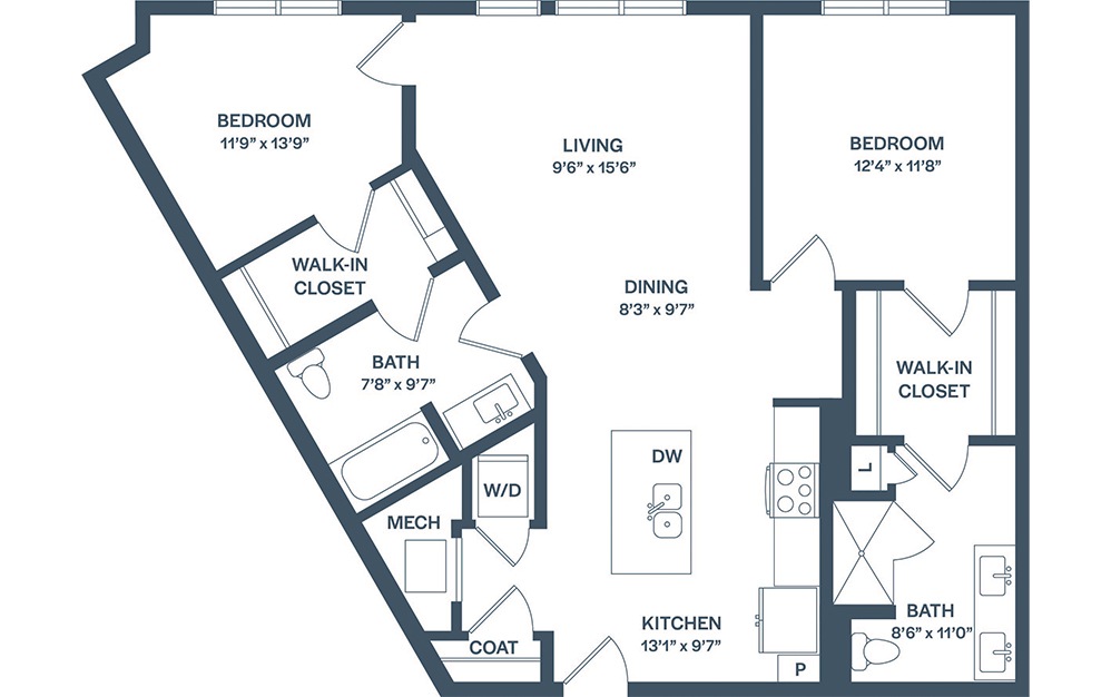 B3 - 2 bedroom floorplan layout with 2 baths and 1132 square feet. (2D)