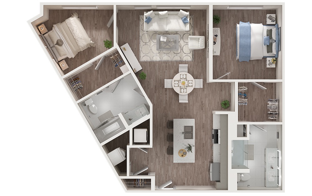 B3 - 2 bedroom floorplan layout with 2 bathrooms and 1132 square feet (3D)