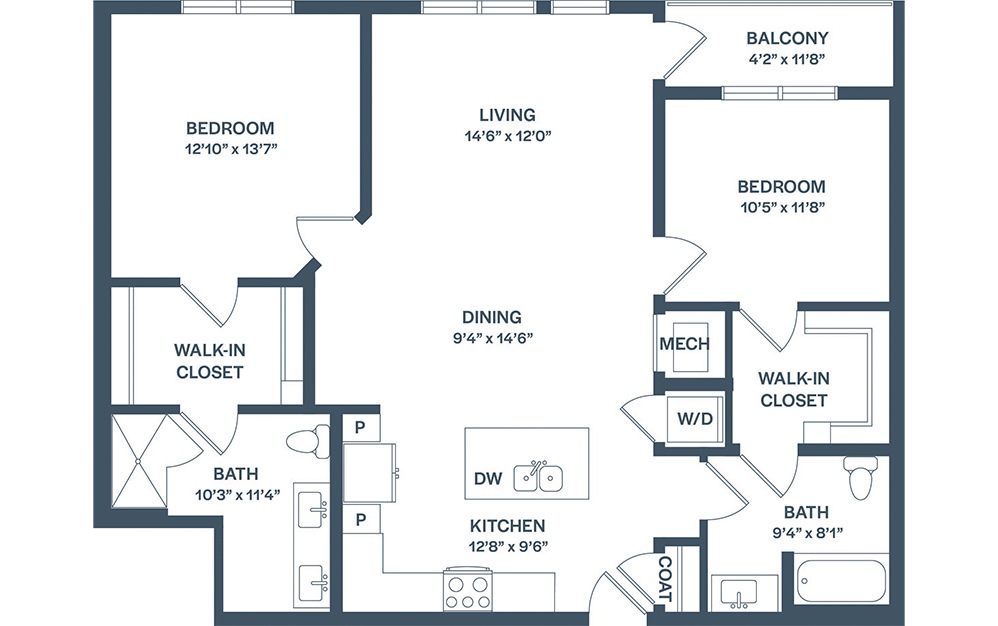 B4 - 2 bedroom floorplan layout with 2 baths and 1222 to 1226 square feet. (2D)