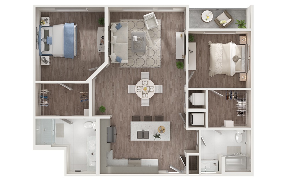 B4 - 2 bedroom floorplan layout with 2 baths and 1222 to 1226 square feet. (3D)