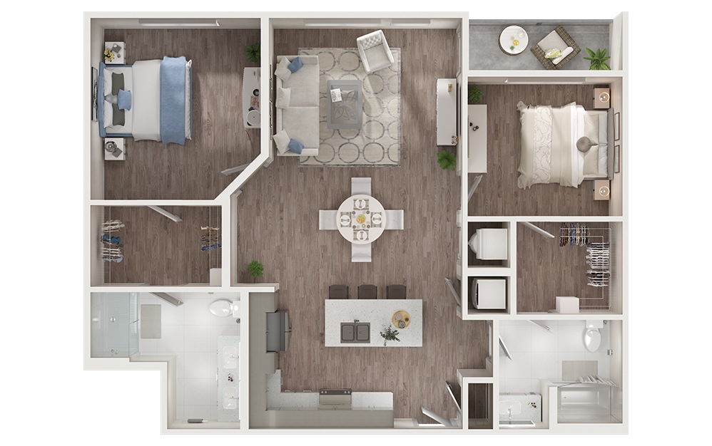 B4 - 2 bedroom floorplan layout with 2 bathrooms and 1222 - 1226 square feet (3D)