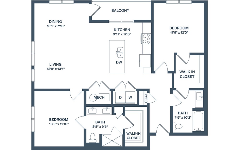 B5 - 2 bedroom floorplan layout with 2 baths and 1341 square feet. (2D)