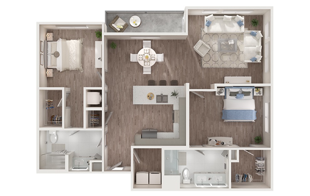 B6 - 2 bedroom floorplan layout with 2 baths and 1404 to 1542 square feet. (3D)