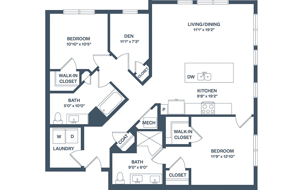 B7D - 2 bedroom floorplan layout with 2 baths and 1304 to 1337 square feet. (2D)