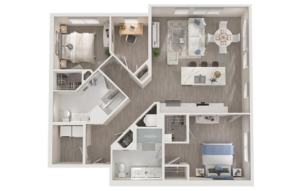 B7D - 2 bedroom floorplan layout with 2 baths and 1304 to 1337 square feet. (3D)