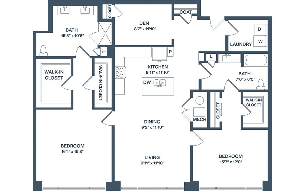 B8D - 2 bedroom floorplan layout with 2 baths and 1842 square feet. (2D)