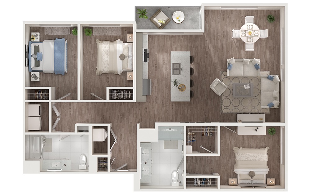 C1 - 3 bedroom floorplan layout with 2 bathrooms and 1568 square feet (3D)